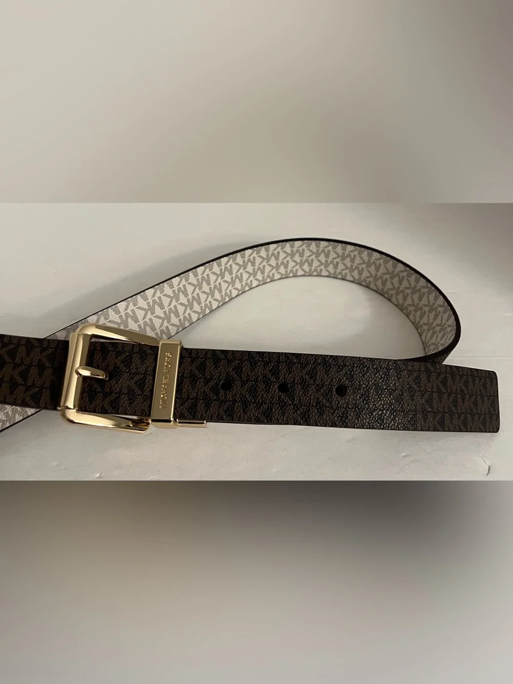Michael Kors Reversible Logo Belt in Brown and Beige with Gold Buckle